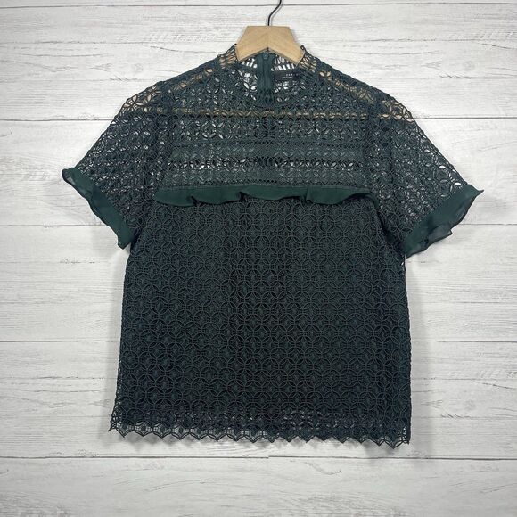 ZARA womans Guipure Lace Mock Neck Ruffle Trim Top Blouse Sheer Back Medium - Picture 1 of 7